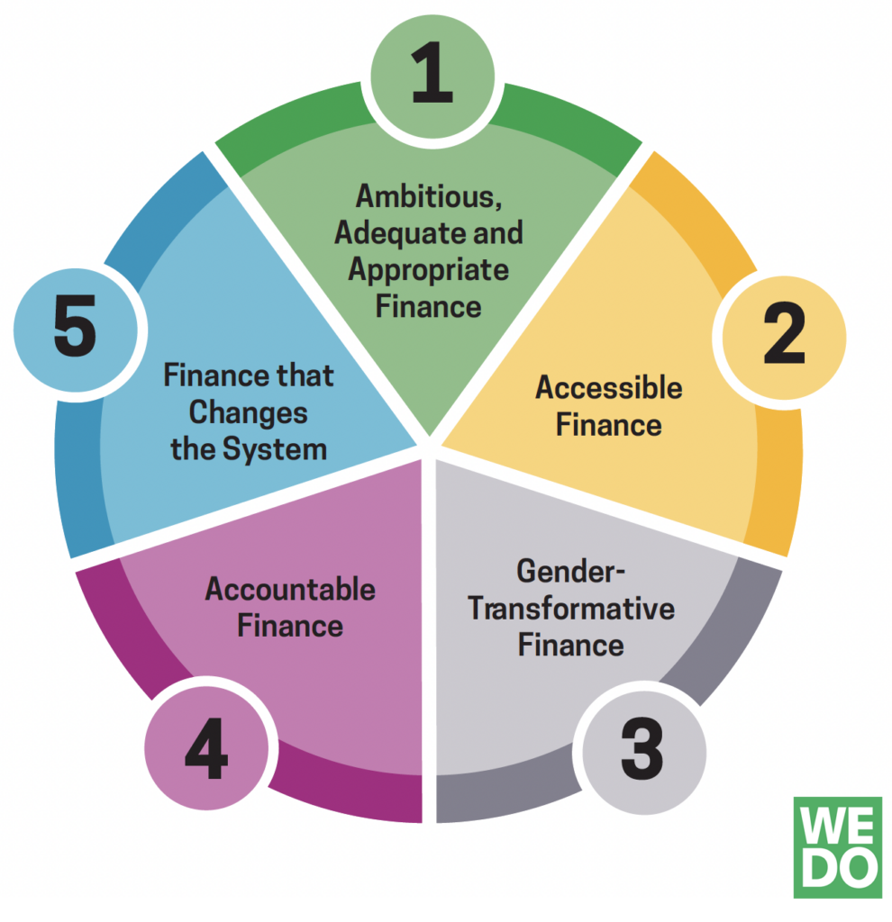 5 Dimensions of Feminist Climate Finance: 1) Ambitious, Adequate and Appropriate Finance; 2) Accessible Finance; 3) Gender-Transformative Finance; 4) Accountable Finance; 5) Finances that Changes the System